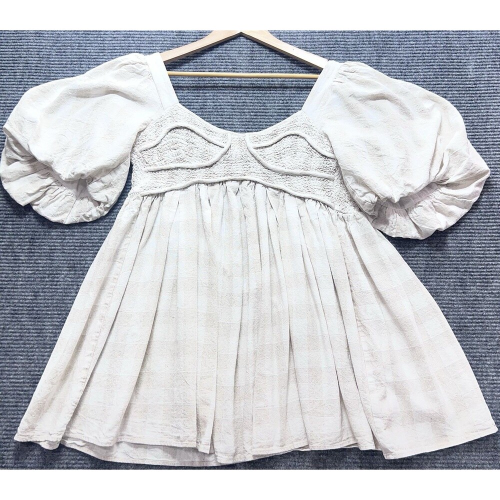 Sofie The Label Puff Sleeve Mini Dress Beige Textured Babydoll Size M Boho